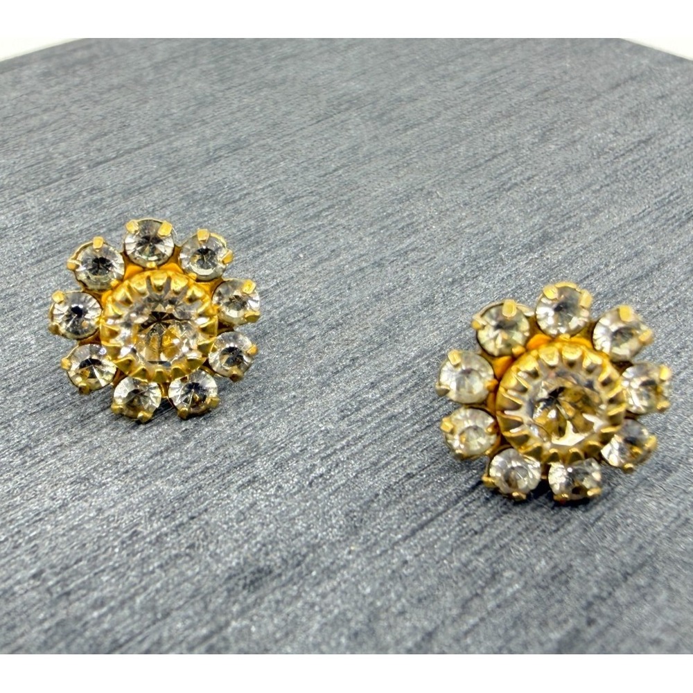 Gold Tone Floral Crystal Stud Earrings Statement Flower Studs Elegant Chic Gift